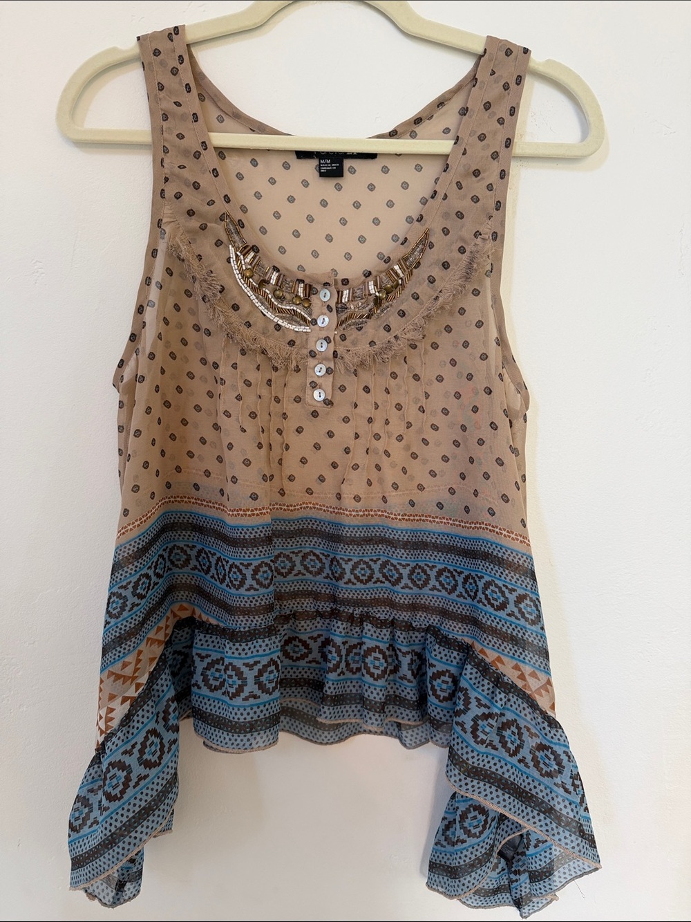 Forever 21 Sleeveless Beaded-Neck Boho Top in Tan and Blue